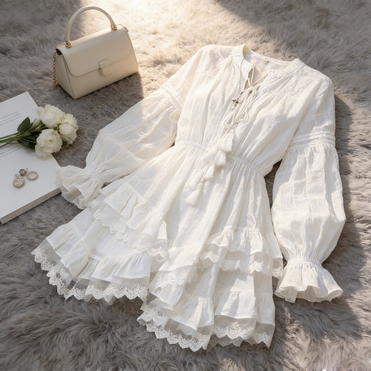White Lace-Trim Ruffle Tie-Front Mini Dress