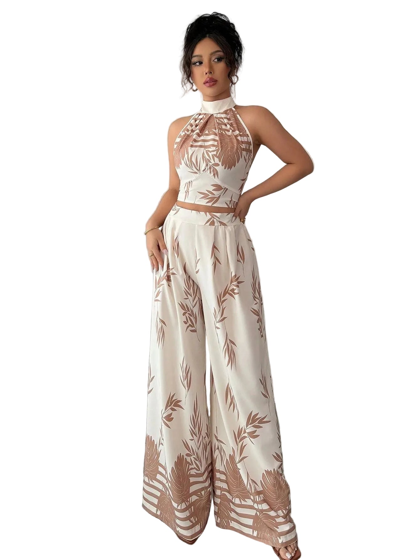 Lvory with taupe-brown botanical print