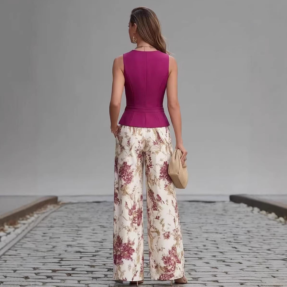 Elegant Button Tank Top & Slim Wide Leg Pants Two Piece Set