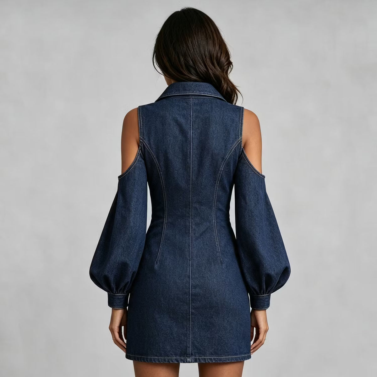 Blue Off-Shoulder Grommet-Detail Zip-Front Dress