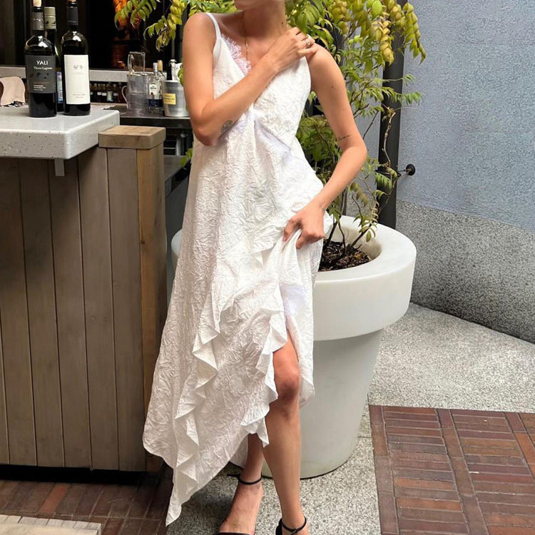 Beige Pleated Ruffle-Trim Strap Maxi Dress
