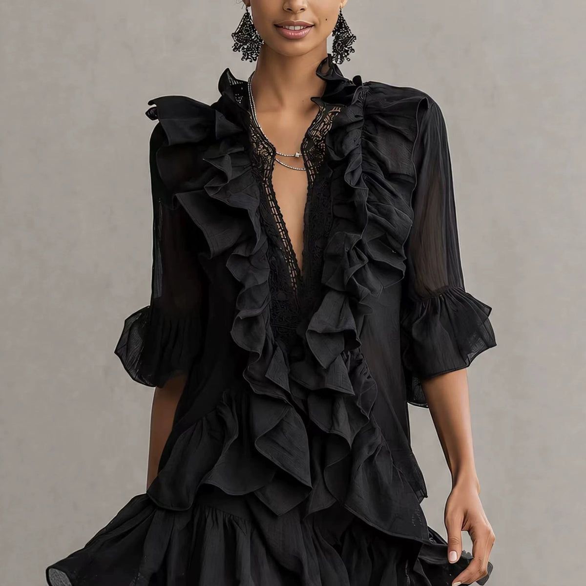 Black Ruffle-Front Bell-Sleeve Chiffon Mini Dress