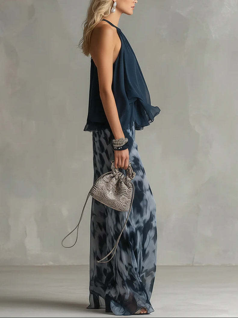 Navy Blue Halter Ruffle Top and Wide-Leg Pants Set