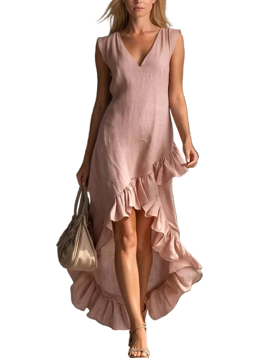 Sleeveless V-Neck High-Low Ruffle Maxi Dress