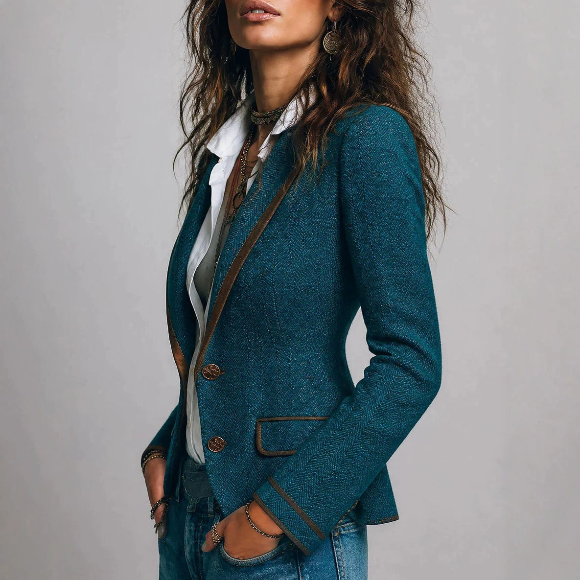 Asymmetric Contrast-Trim Patchwork Blazer