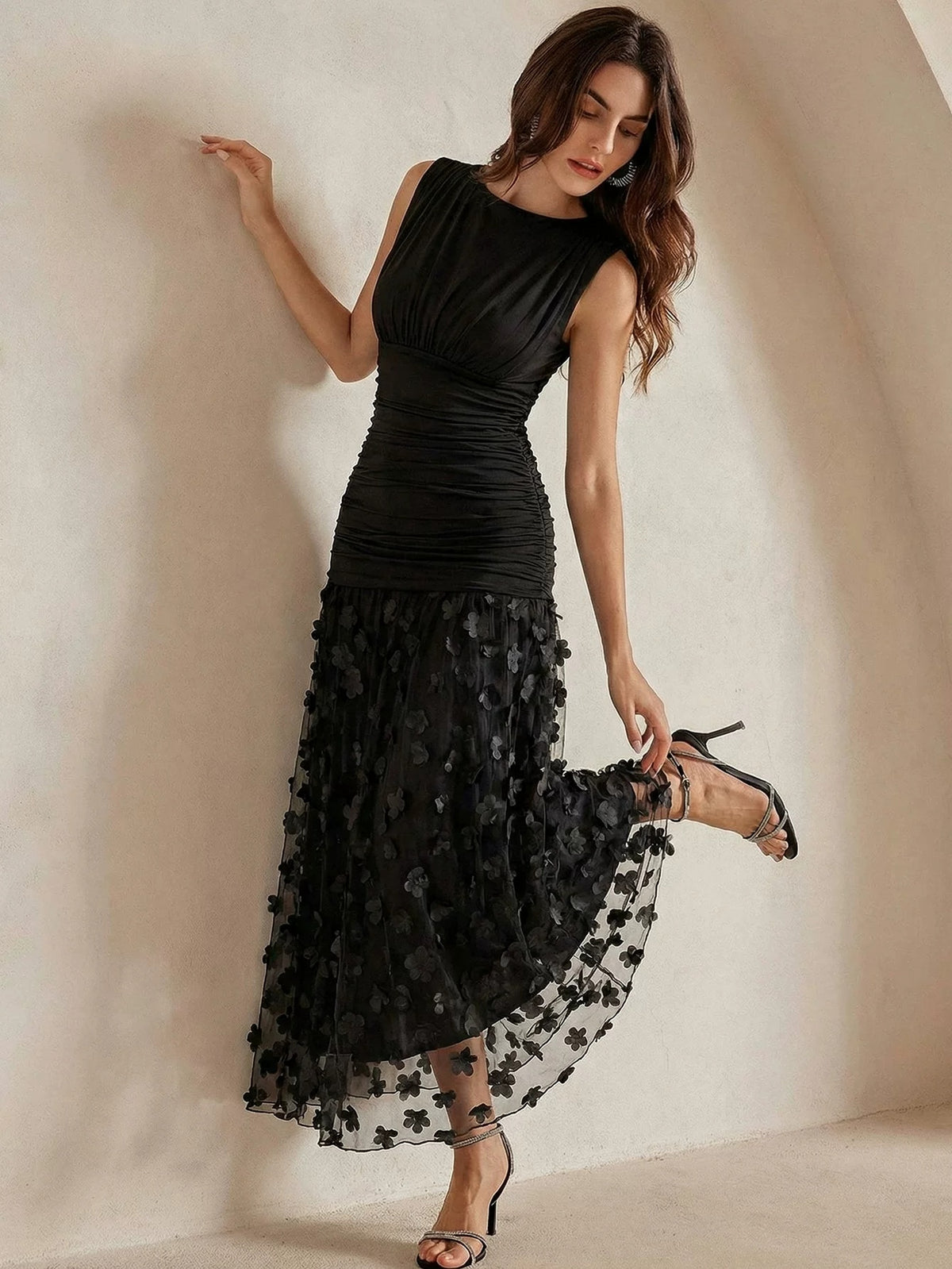 Black Ruched Bodice Textured Floral Maxi Dress