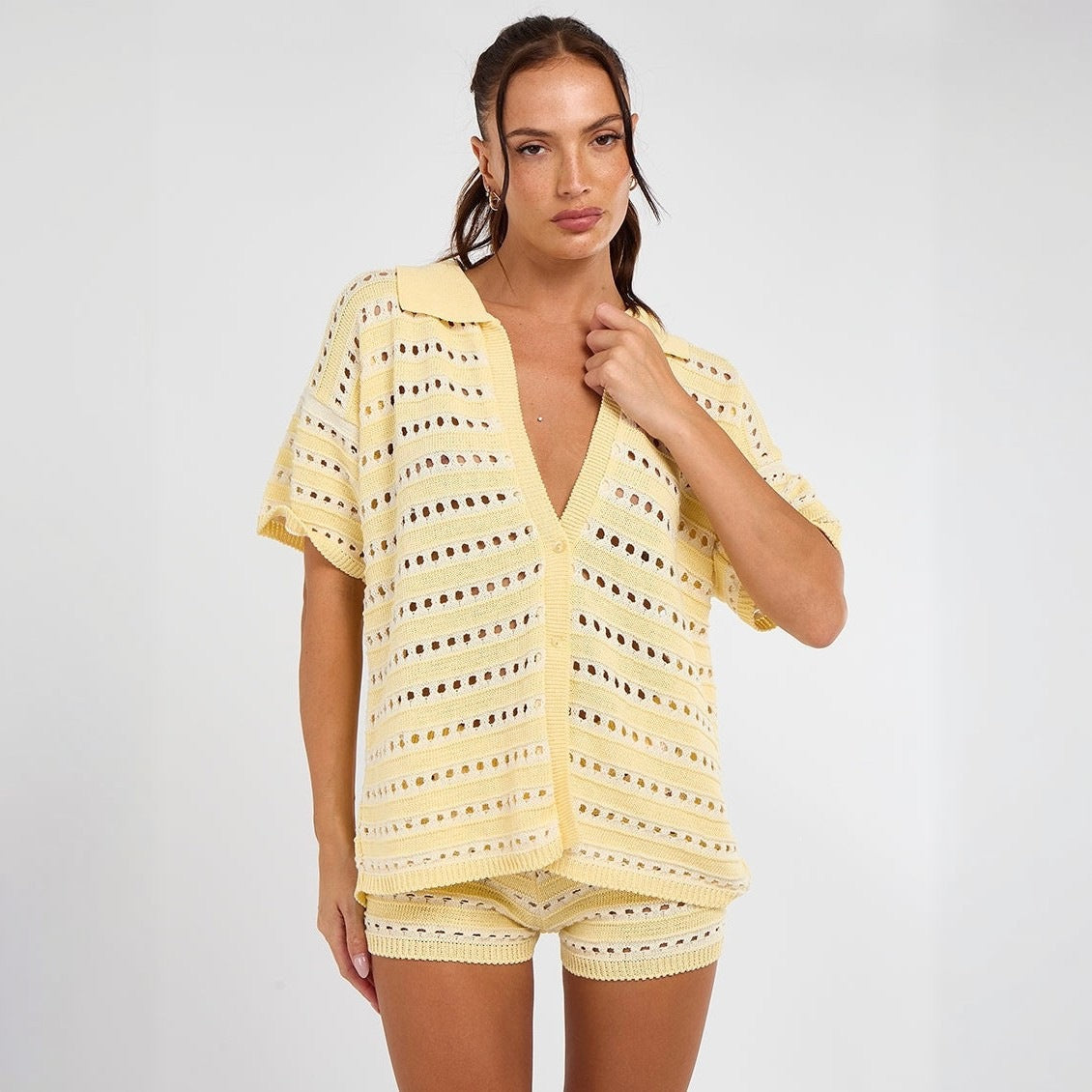Contrast-Trim Crochet Knit Top and Shorts Set