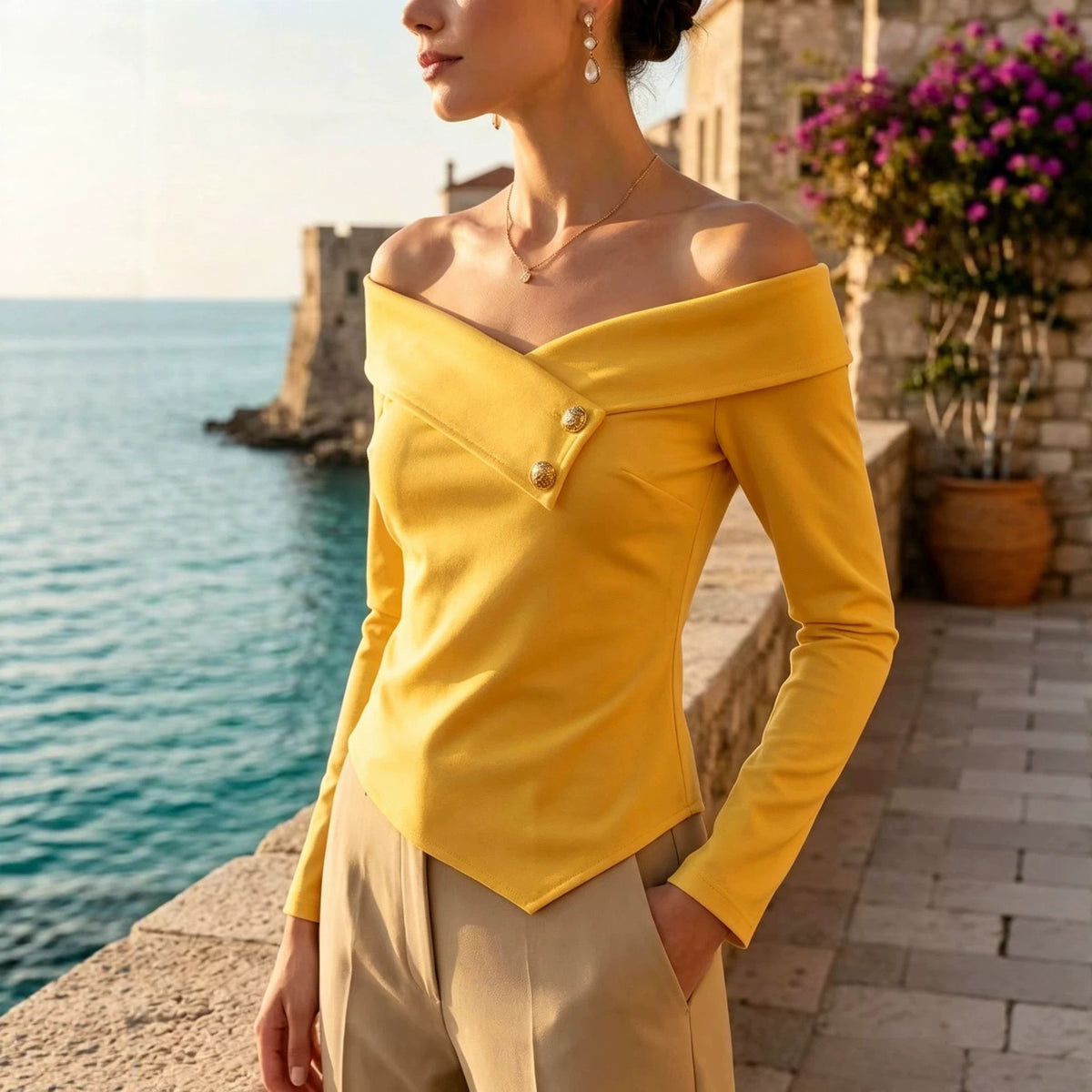 Off-Shoulder Fold-Over Collar Button-Detail Slim-Fit Top
