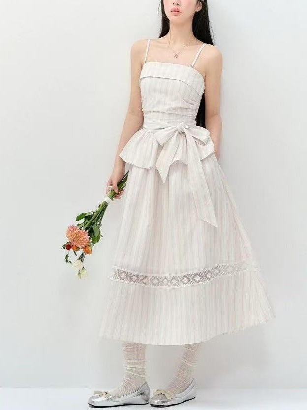 Striped Spaghetti Straps Bandeau Slim-fit Slimming Lace Up Dress
