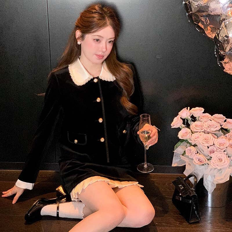 Vintage Velvet Doll-collar Top And Skirt Two-piece Set