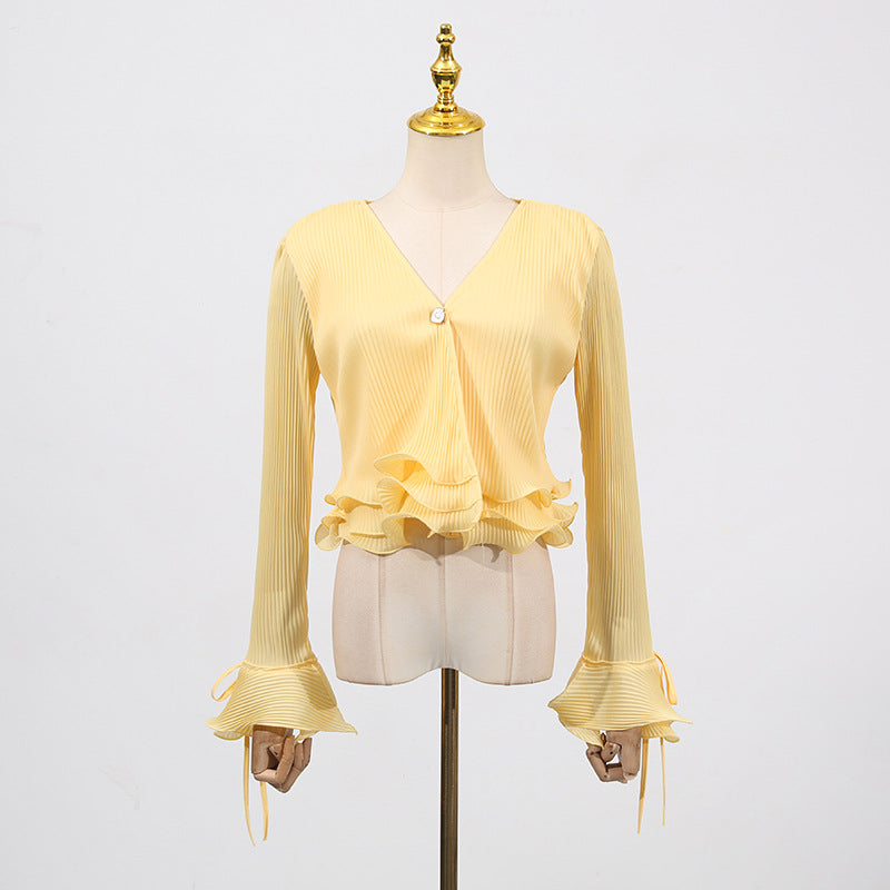 Ribbed V-Neck Flared-Sleeve Ruffle Top