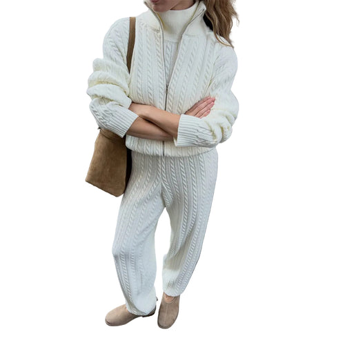 Warm Casual Cable-Knit Turtleneck Zip-Up Sweater And Pants Set