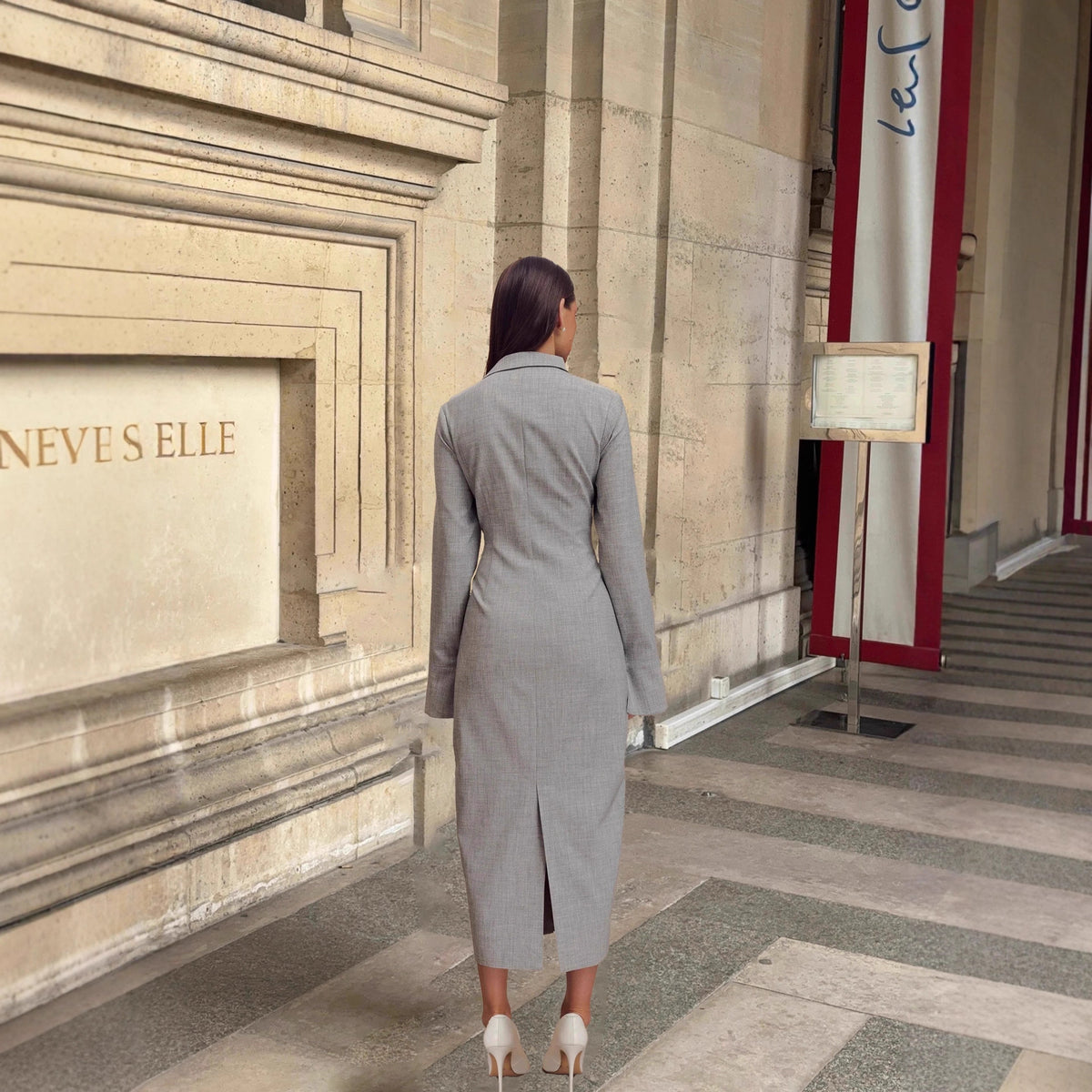 Light Gray Ruched-Waist Button-Front Shirt Maxi Dress