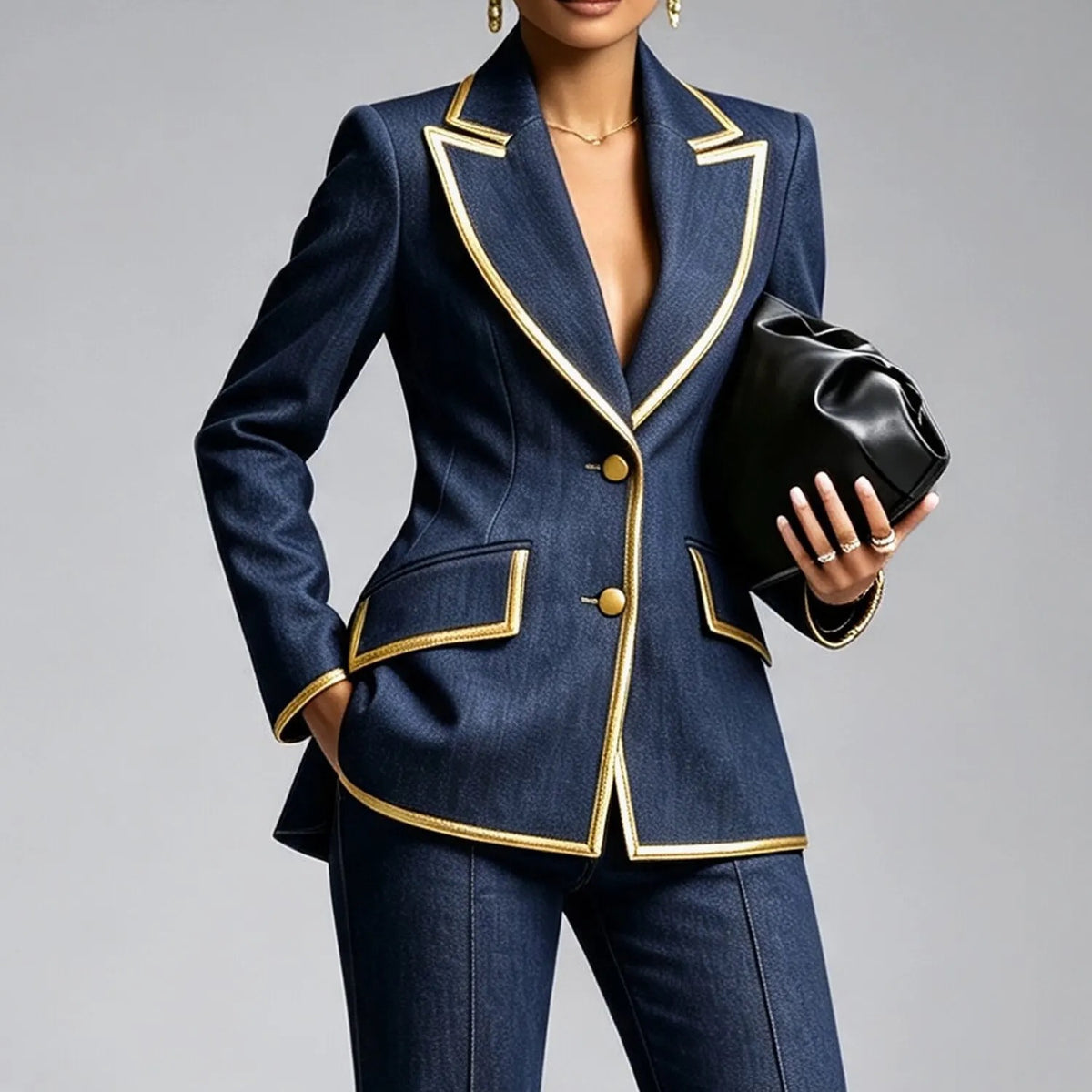 Button Down Long Sleeve Denim Jacket & Pants Two Piece Set