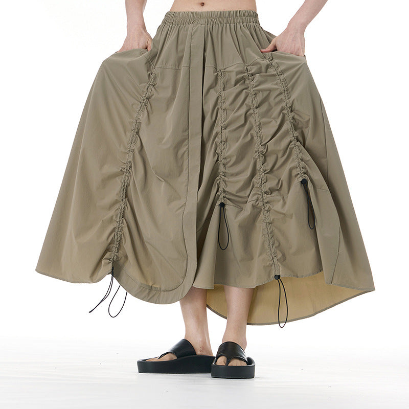 Pleated Drawstring Button-Detail Flare Midi Skirt