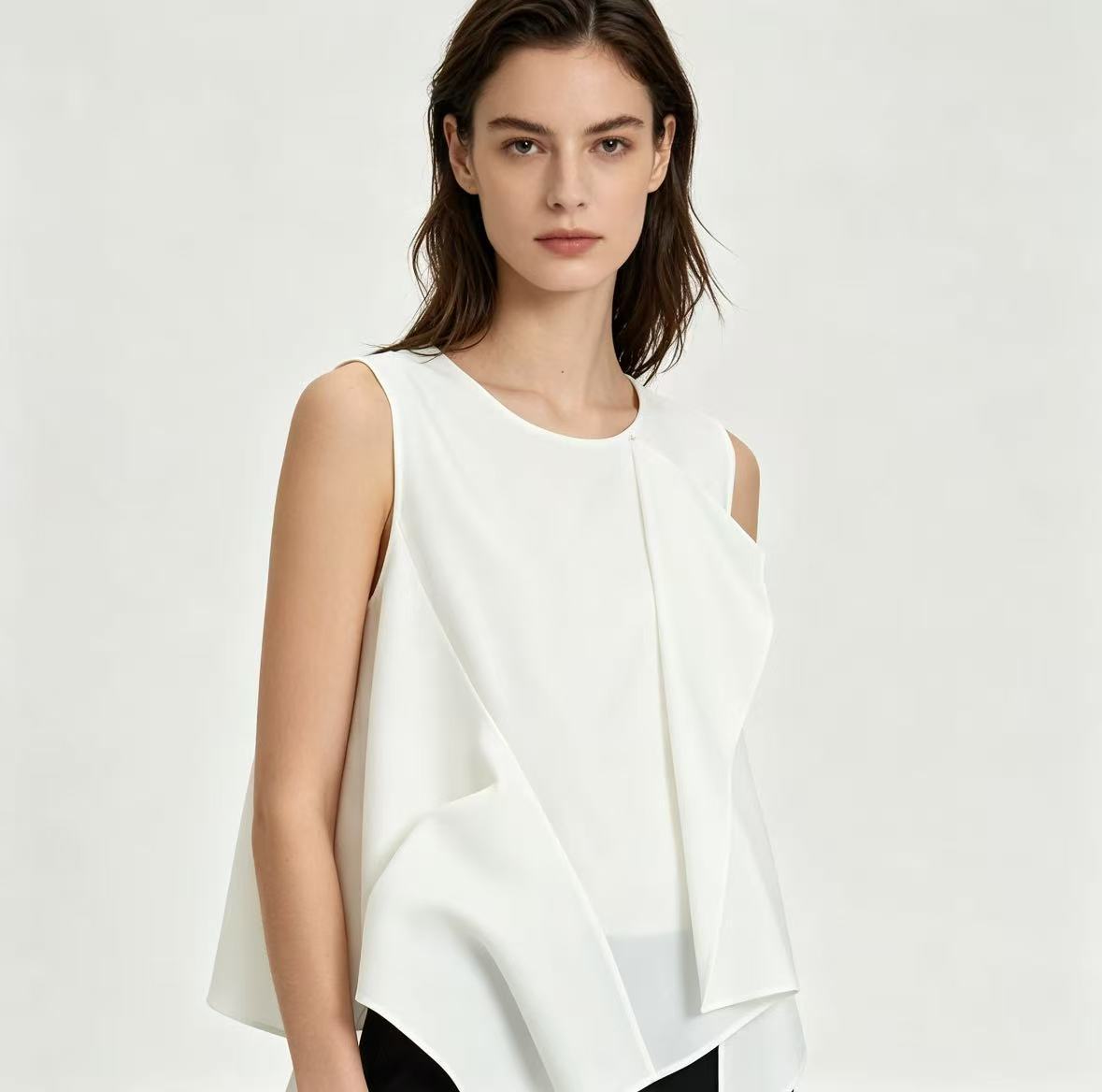 White Sculptural Pleated Sleeveless Tunic Top