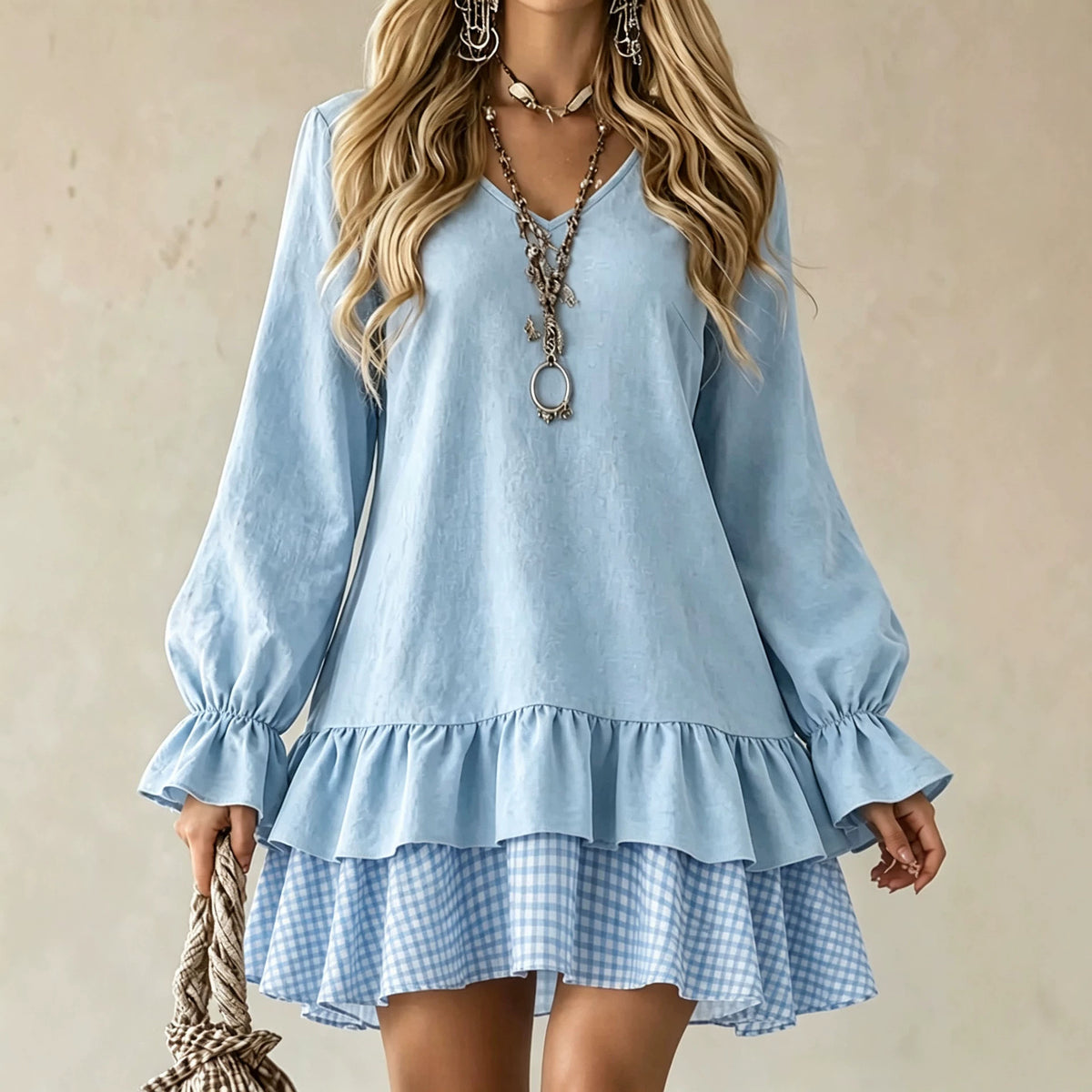 Plaid Patchwork V-Neck Ruffle-Hem Mini Dress