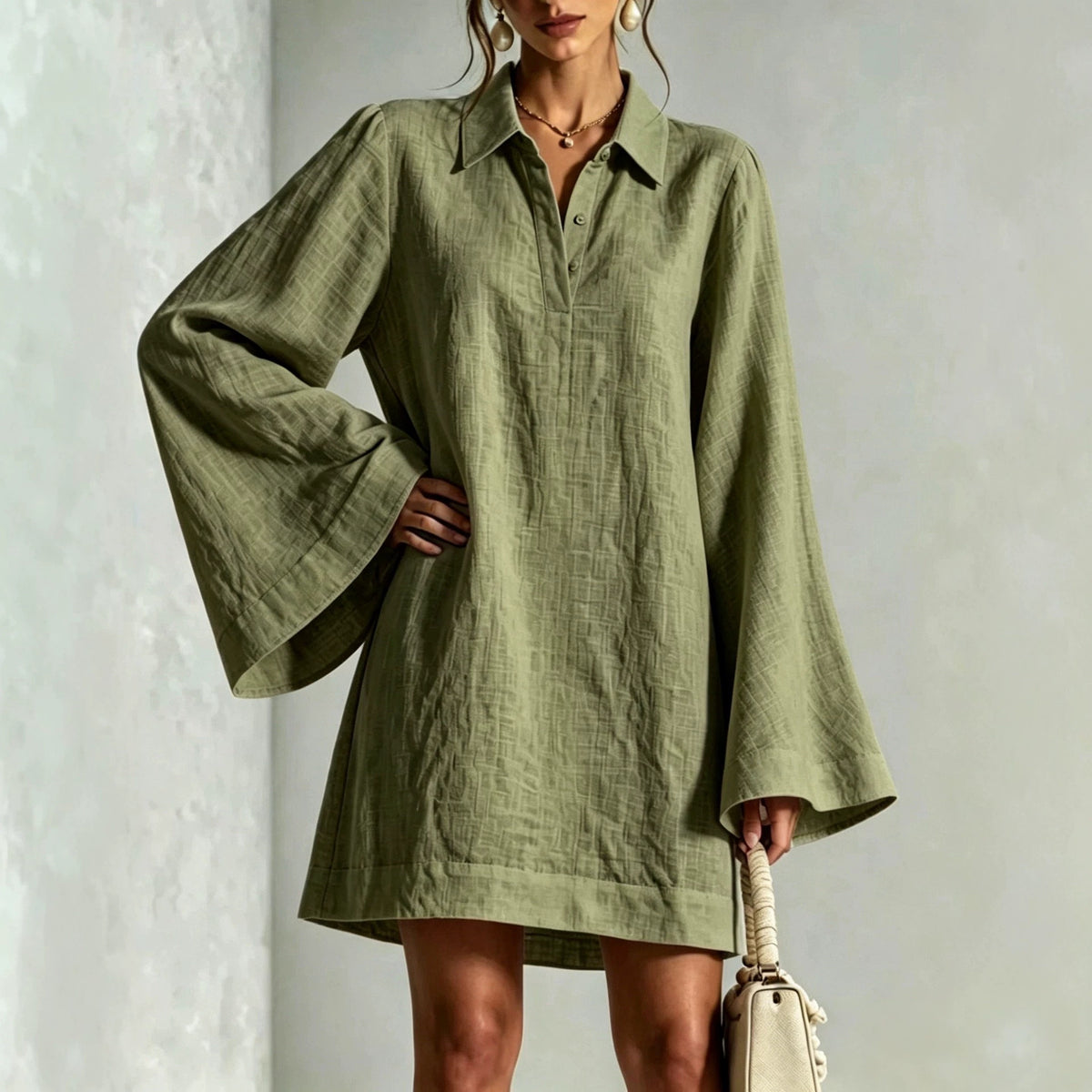 Collared Bell-Sleeve A-Line Midi Dress