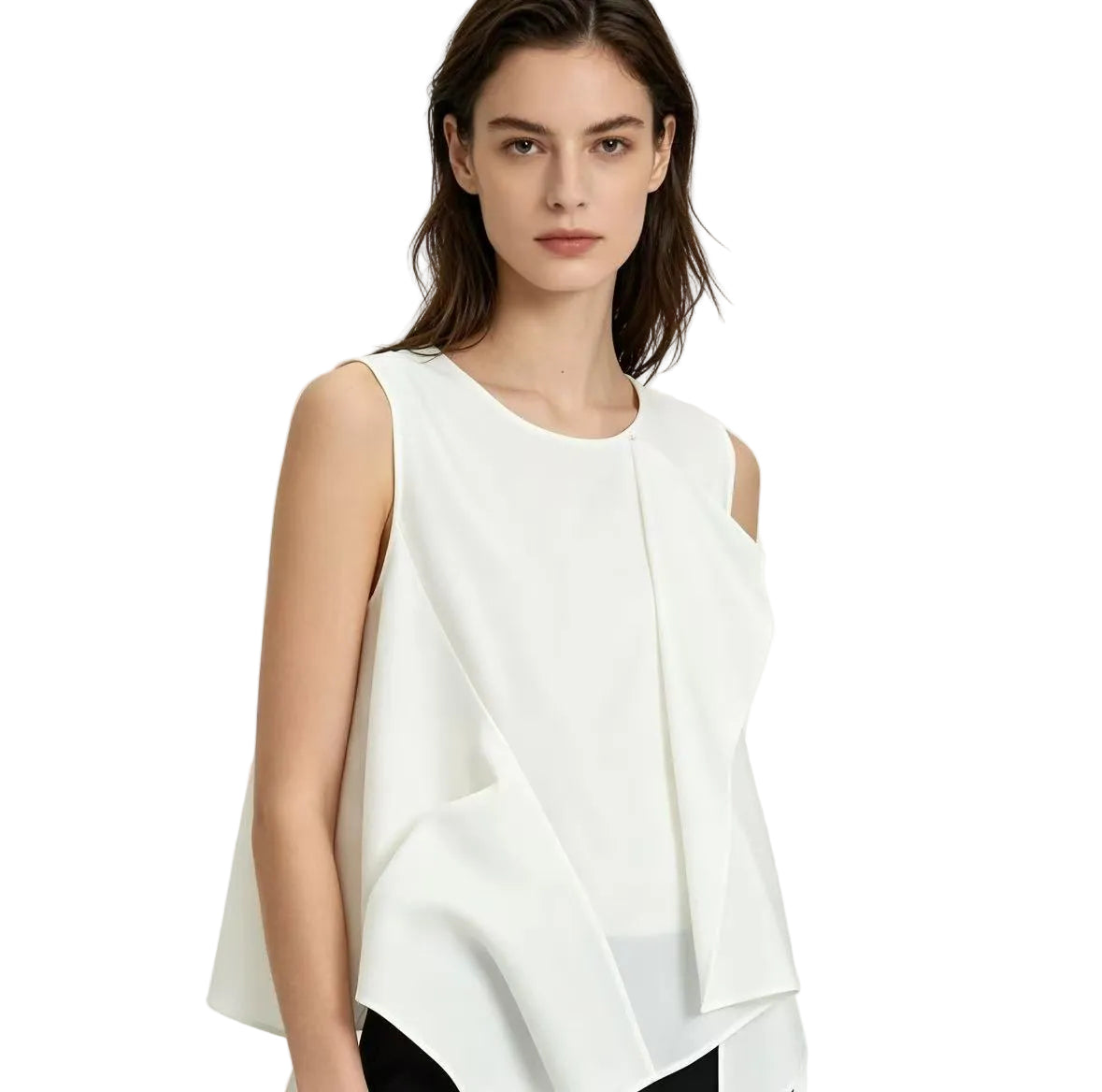 White Sculptural Pleated Sleeveless Tunic Top