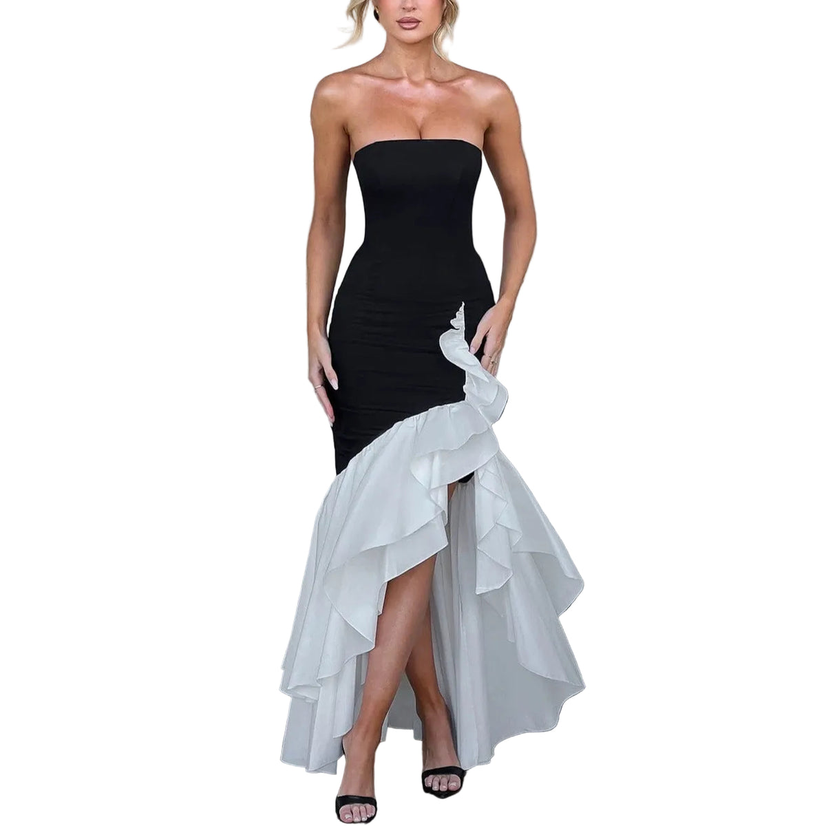 Strapless High-Low Ruffle Mermaid Evening Dress