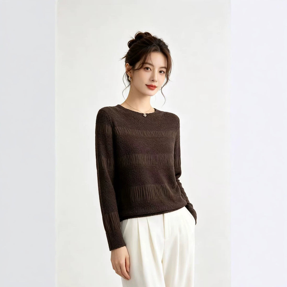 3D Geometric Textured Stretch-Polyester Long-Sleeve Top
