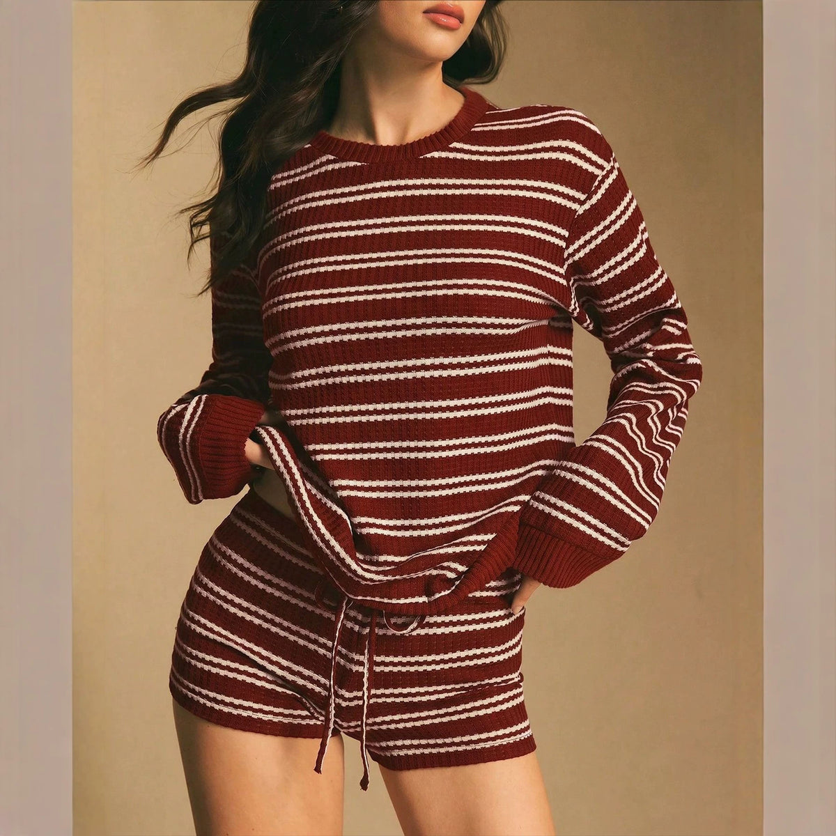 Striped Knit Long-Sleeve Top and Drawstring Shorts Set