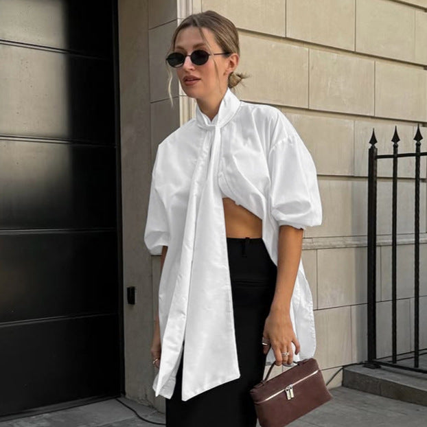 White Satin Tie-Neck Relaxed Workwear Blouse