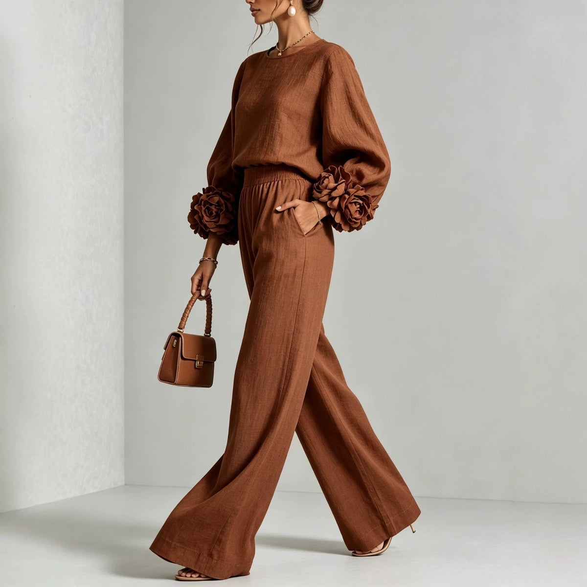 Textured Balloon-Sleeve Top and Wide-Leg Pants Set