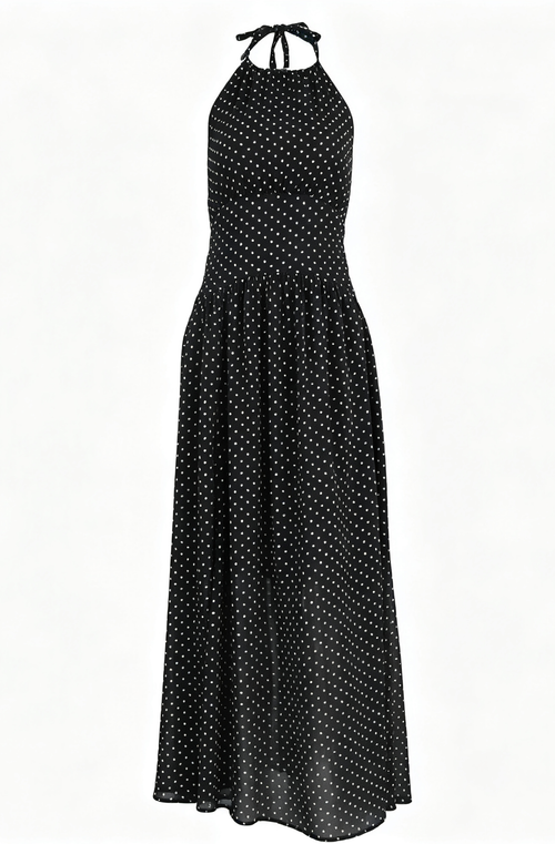 Black Polka-Dot Halter Maxi Dress