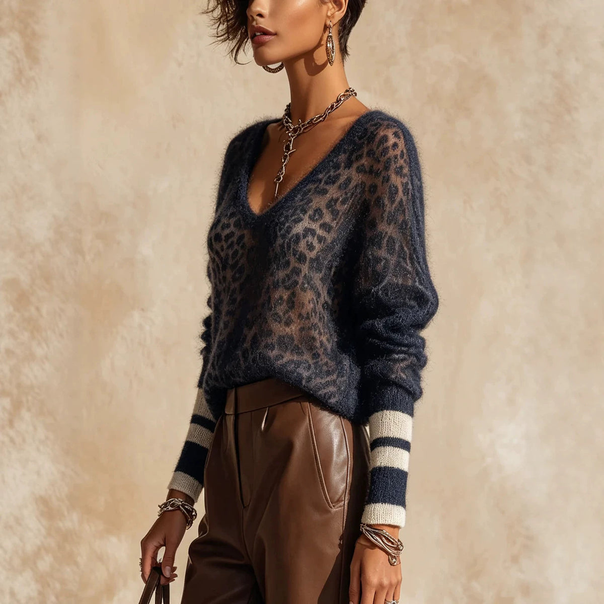 Leopard Print Fuzzy V-Neck Knit Sweater