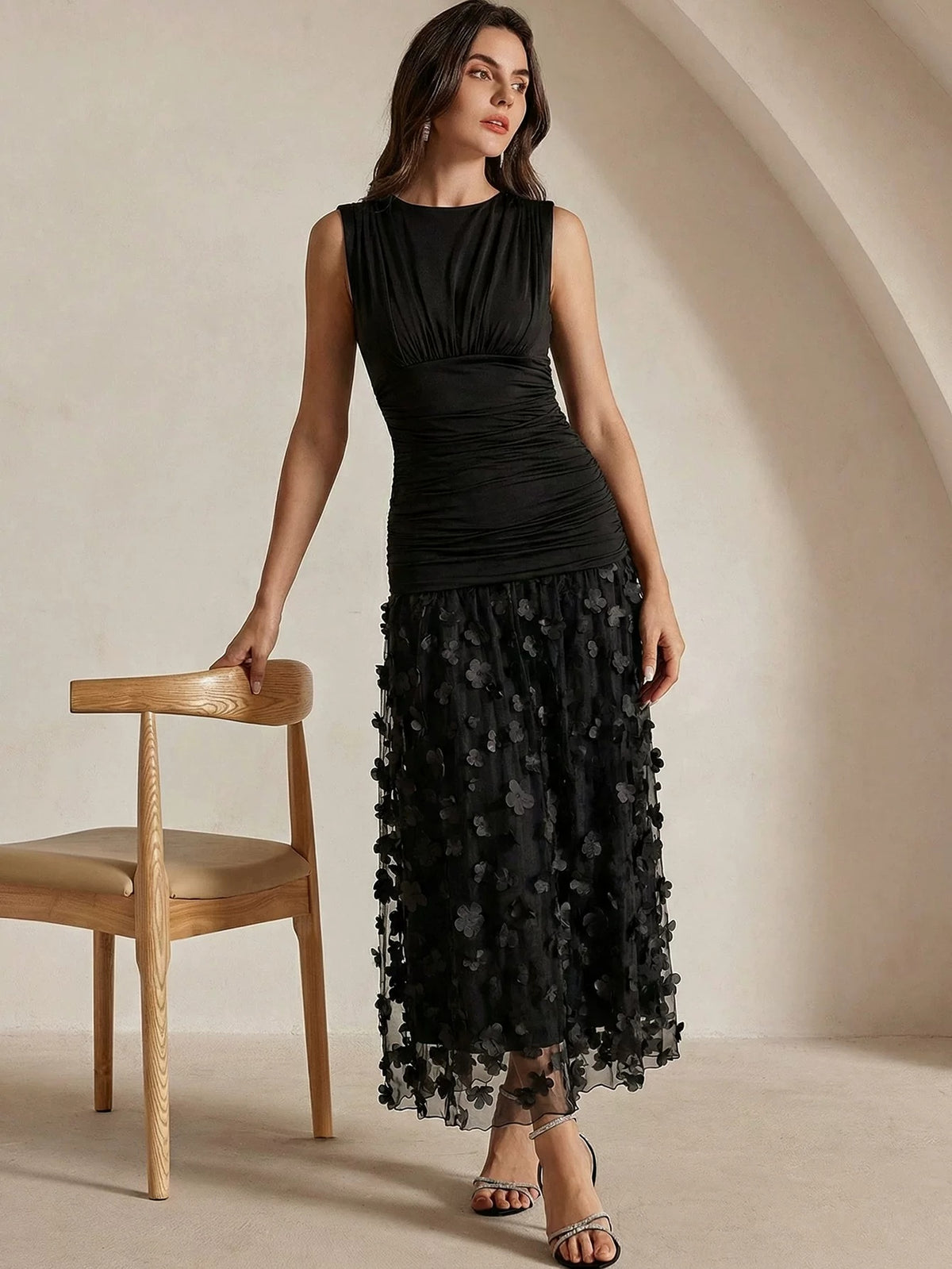 Black Ruched Bodice Textured Floral Maxi Dress