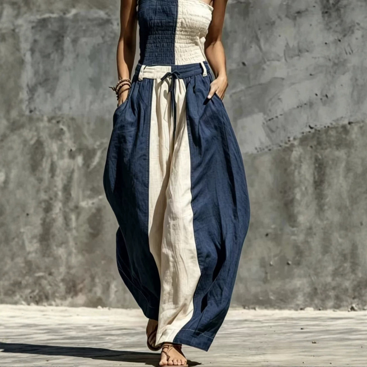 Sleeveless Color-Block Elastic-Waist Wide-Leg Jumpsuit