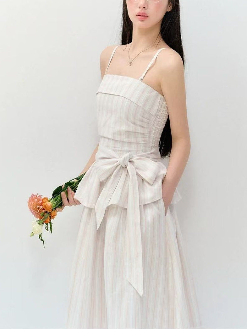 Striped Spaghetti Straps Bandeau Slim-fit Slimming Lace Up Dress