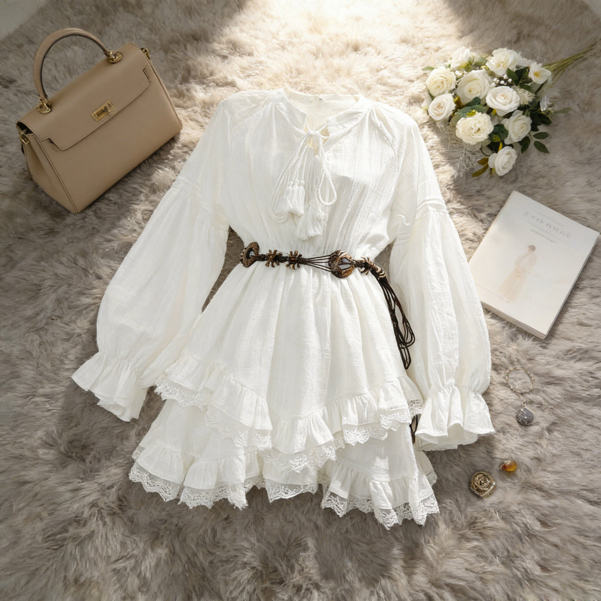 White Lace-Trim Ruffle Tie-Front Mini Dress
