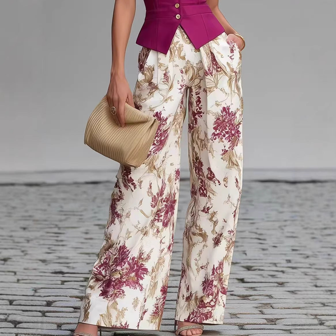Elegant Button Tank Top & Slim Wide Leg Pants Two Piece Set
