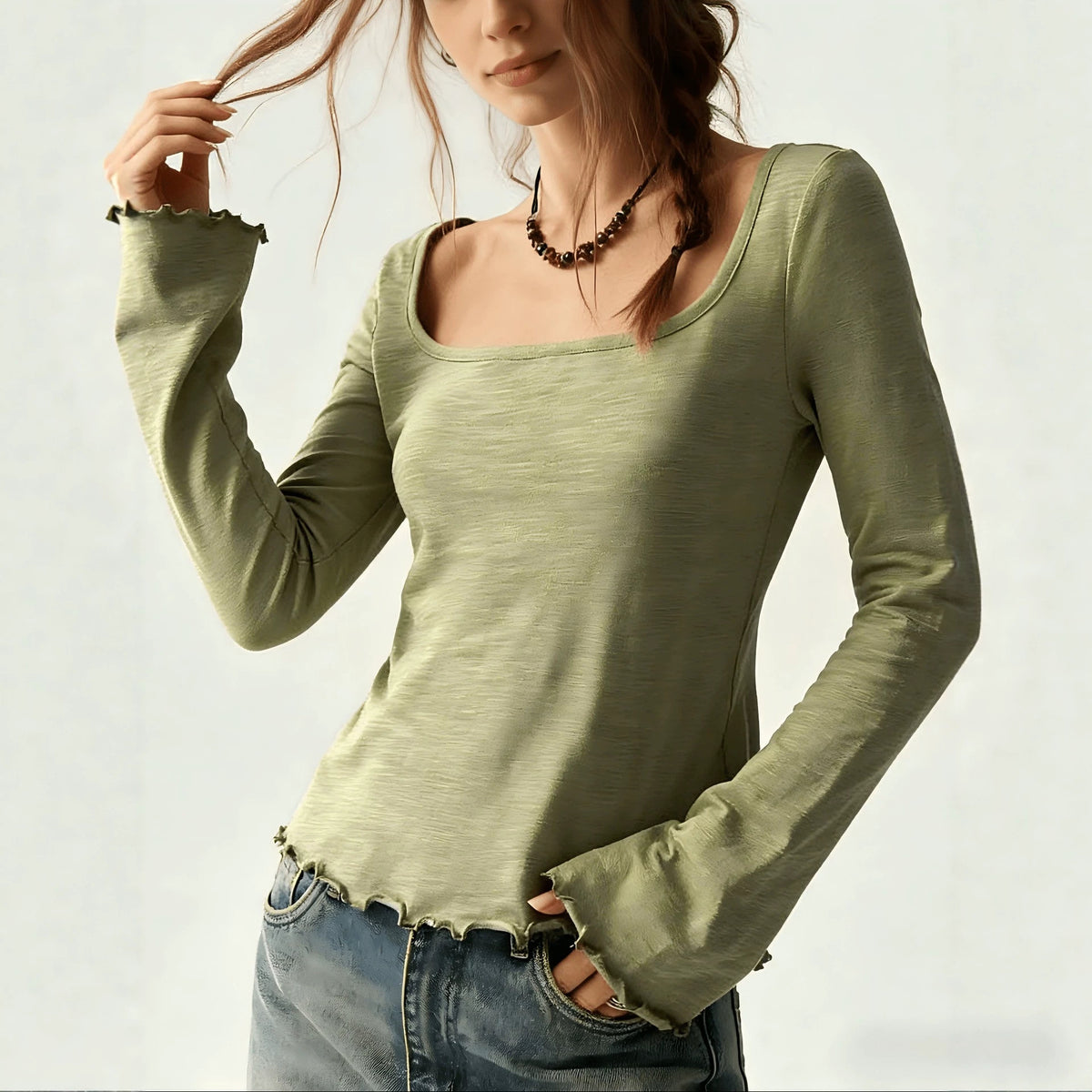 Wide-neck Long-sleeve Top Basic T-shirt