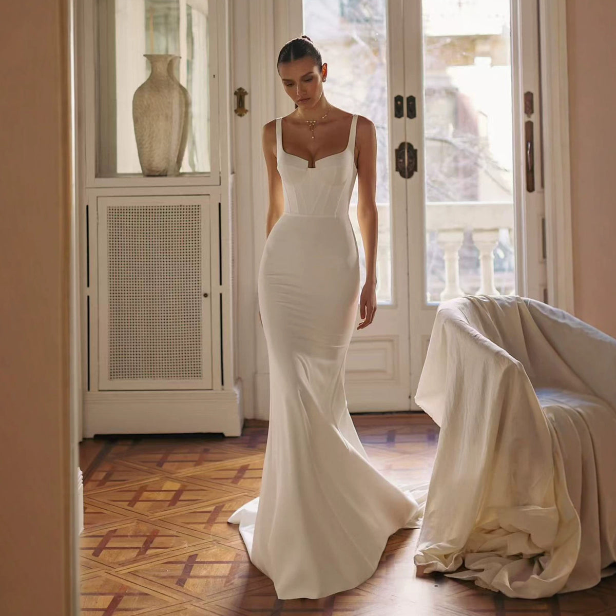 Ivory White Square-Neck Mermaid Maxi Dress