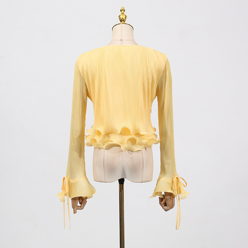 Ribbed V-Neck Flared-Sleeve Ruffle Top