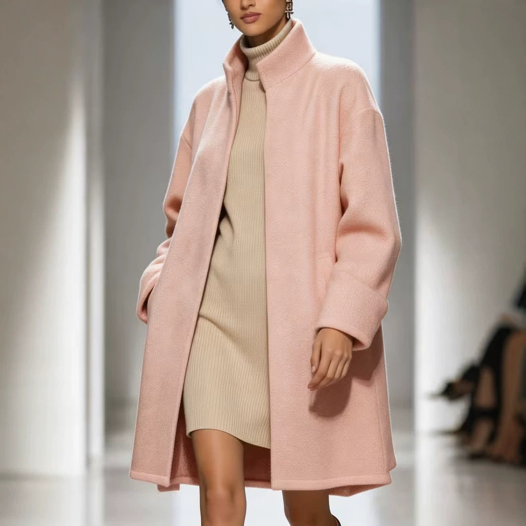 Soft Pink Longline Stand-Collar Coat