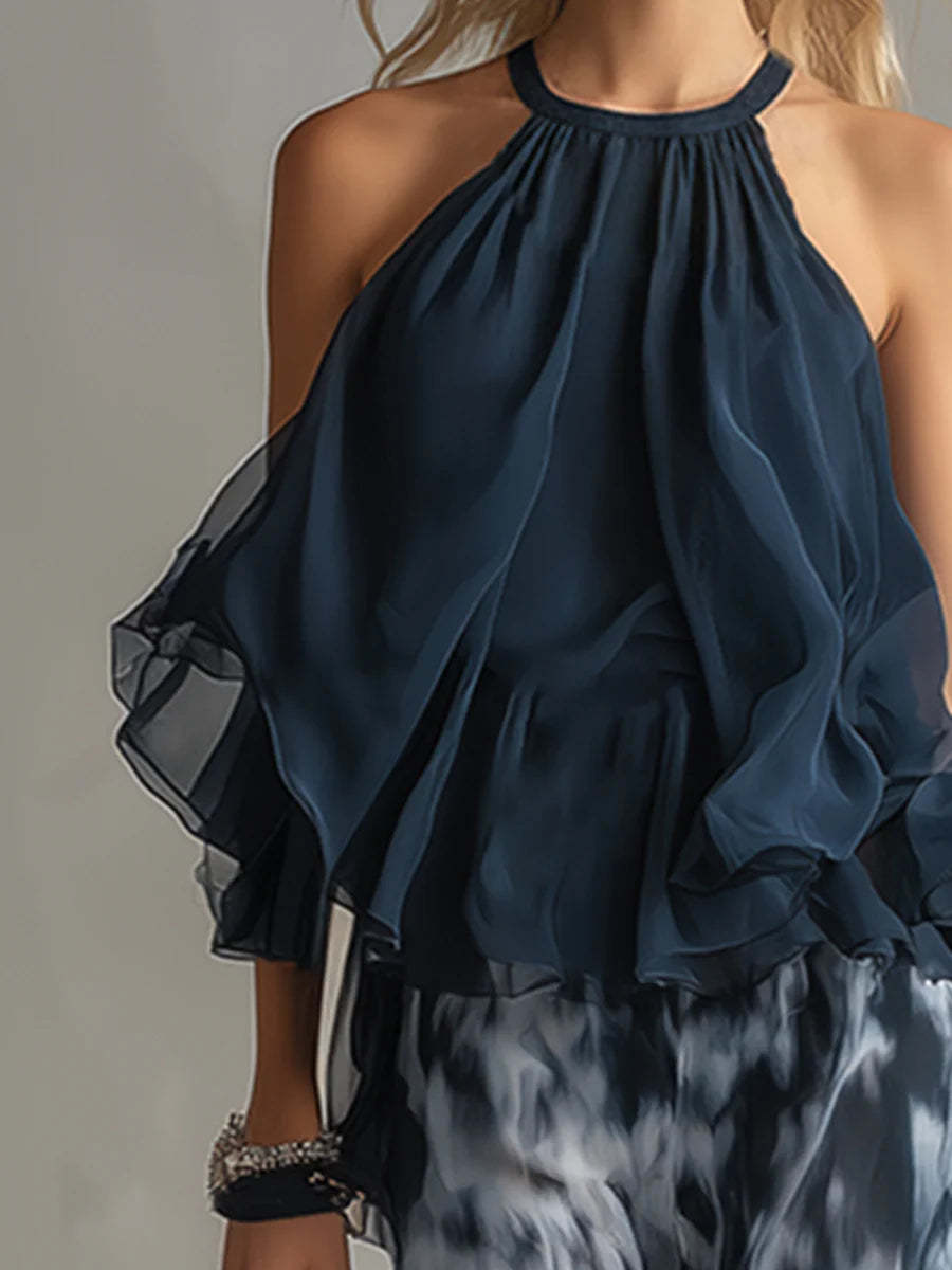 Navy Blue Halter Ruffle Top and Wide-Leg Pants Set