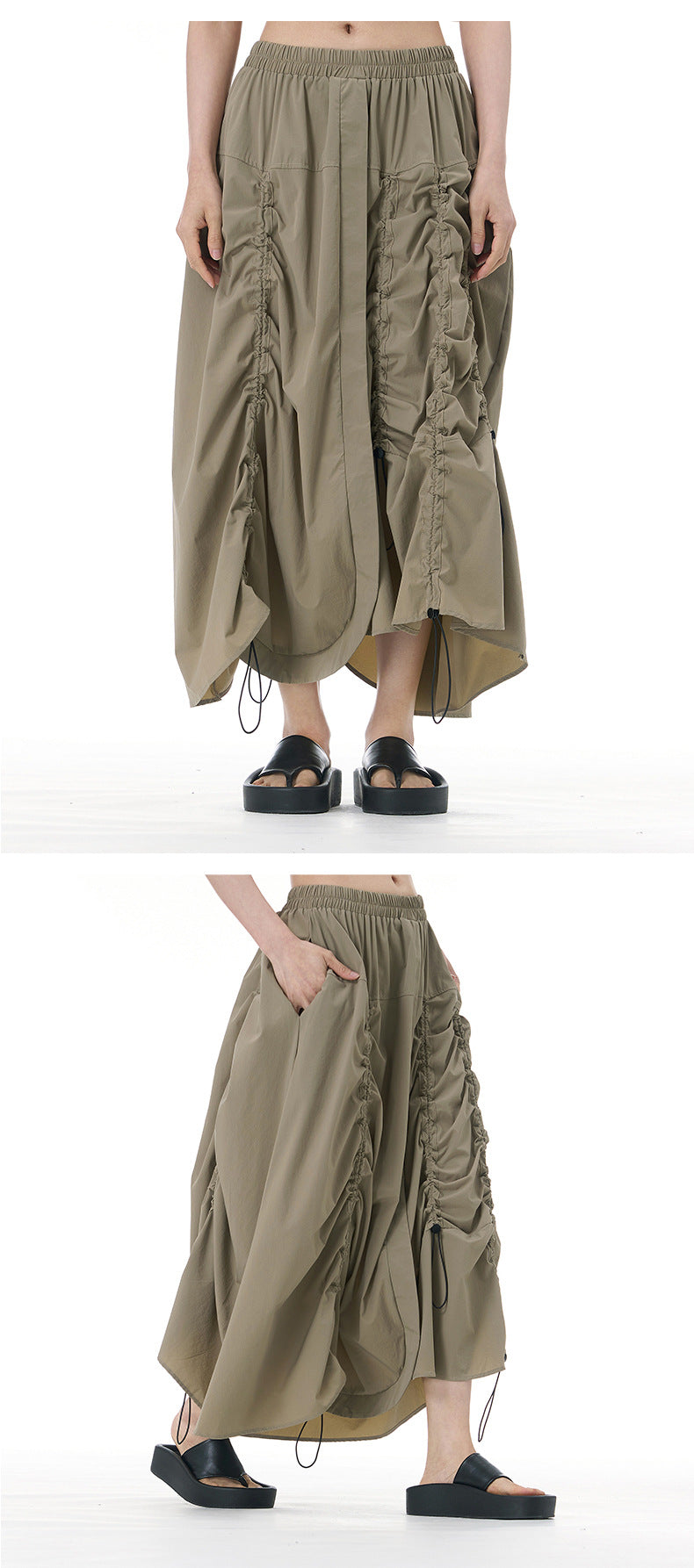 Pleated Drawstring Button-Detail Flare Midi Skirt