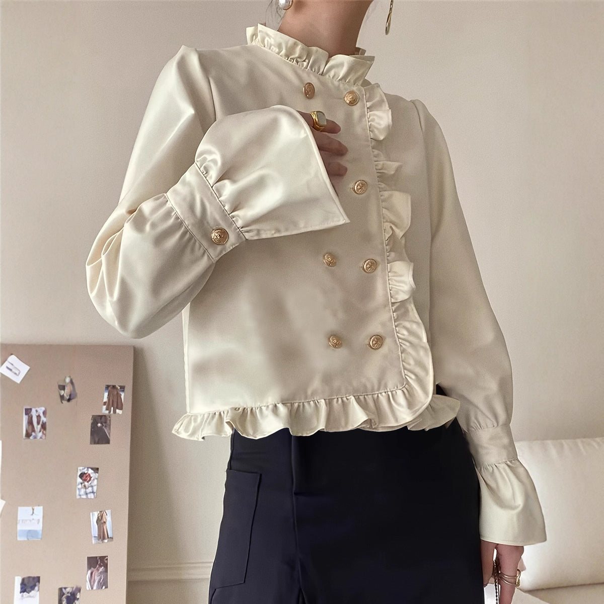 Champagne Satin Ruffle-Trim Double-Breasted Cardigan