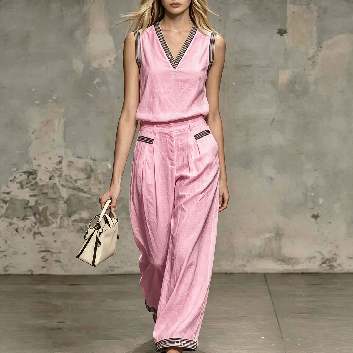V-neck Vest Linen Sleeveless Top Wide-leg Pants