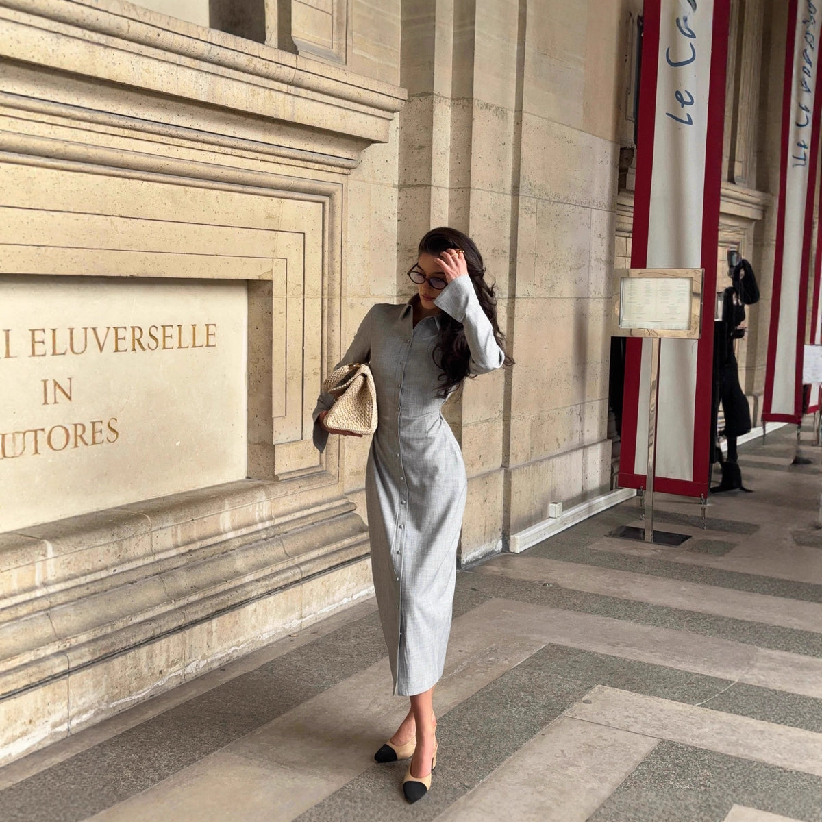 Light Gray Ruched-Waist Button-Front Shirt Maxi Dress