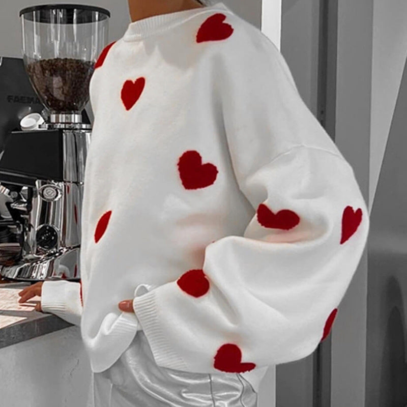 White Heart Print Crew-Neck Knit Sweater