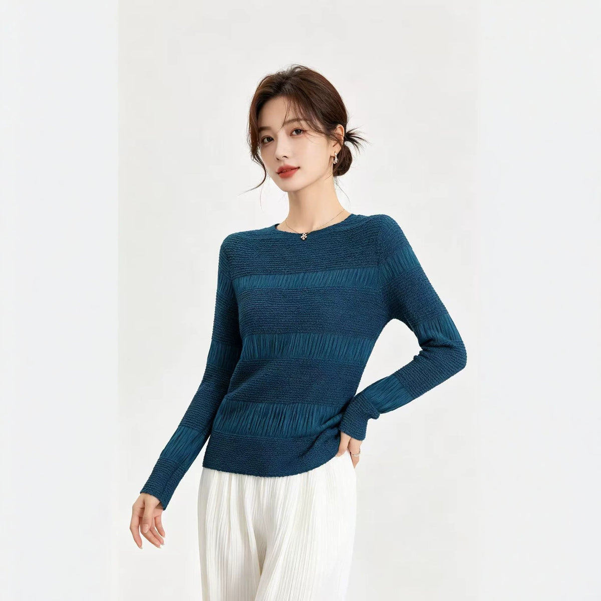 3D Geometric Textured Stretch-Polyester Long-Sleeve Top