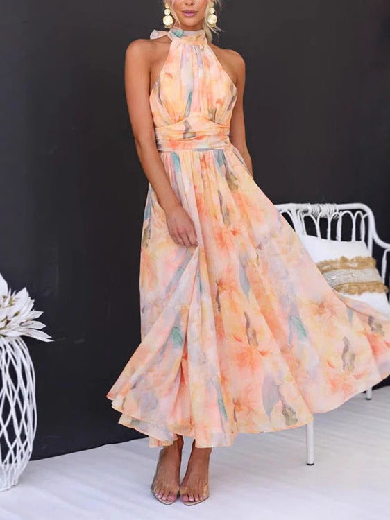 Pastel Abstract Print Halter-Neck Midi Dress