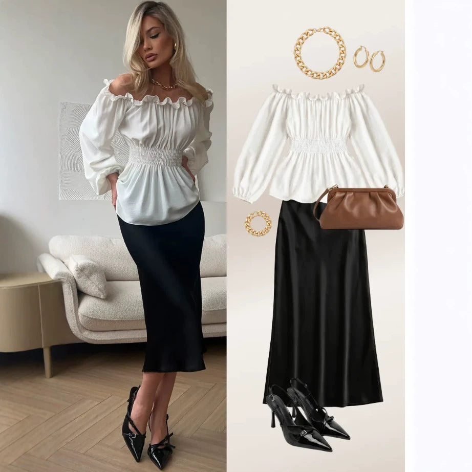 Off-Shoulder Smocked Flared-Sleeve Blouse