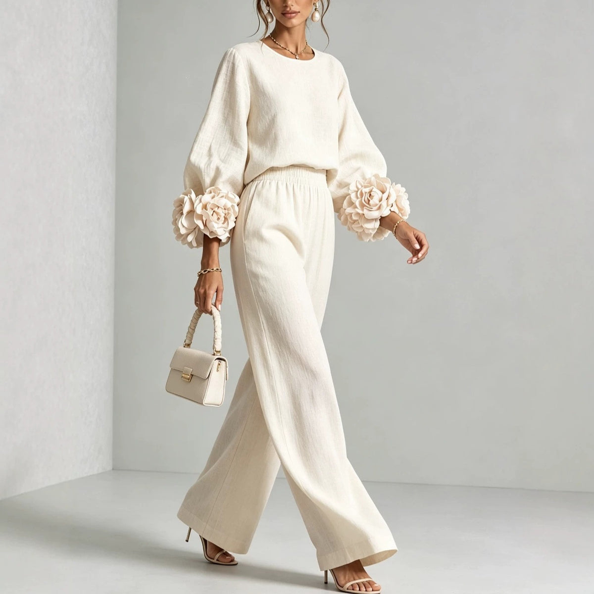 Textured Balloon-Sleeve Top and Wide-Leg Pants Set
