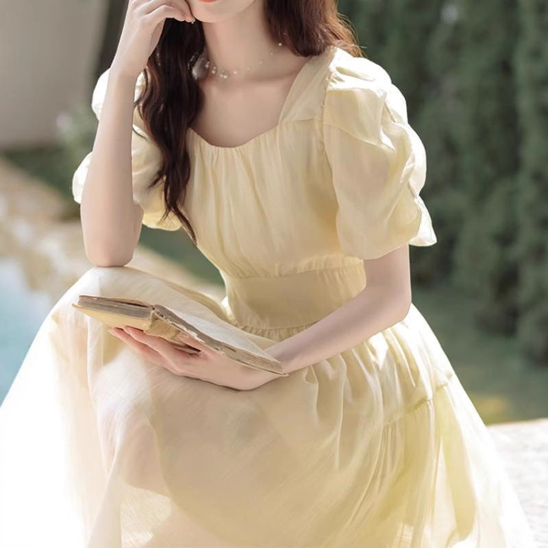 Ruffled-sleeve Waist-cinched Dress For Women
